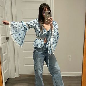 Festival Cottage core bell sleeve floral corset lace up blouse